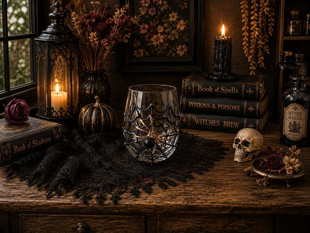 NEW Black Widow Spider Web Rhinestone Skull Halloween Wine Tumbler Drink Glass - Picture 2 of 5